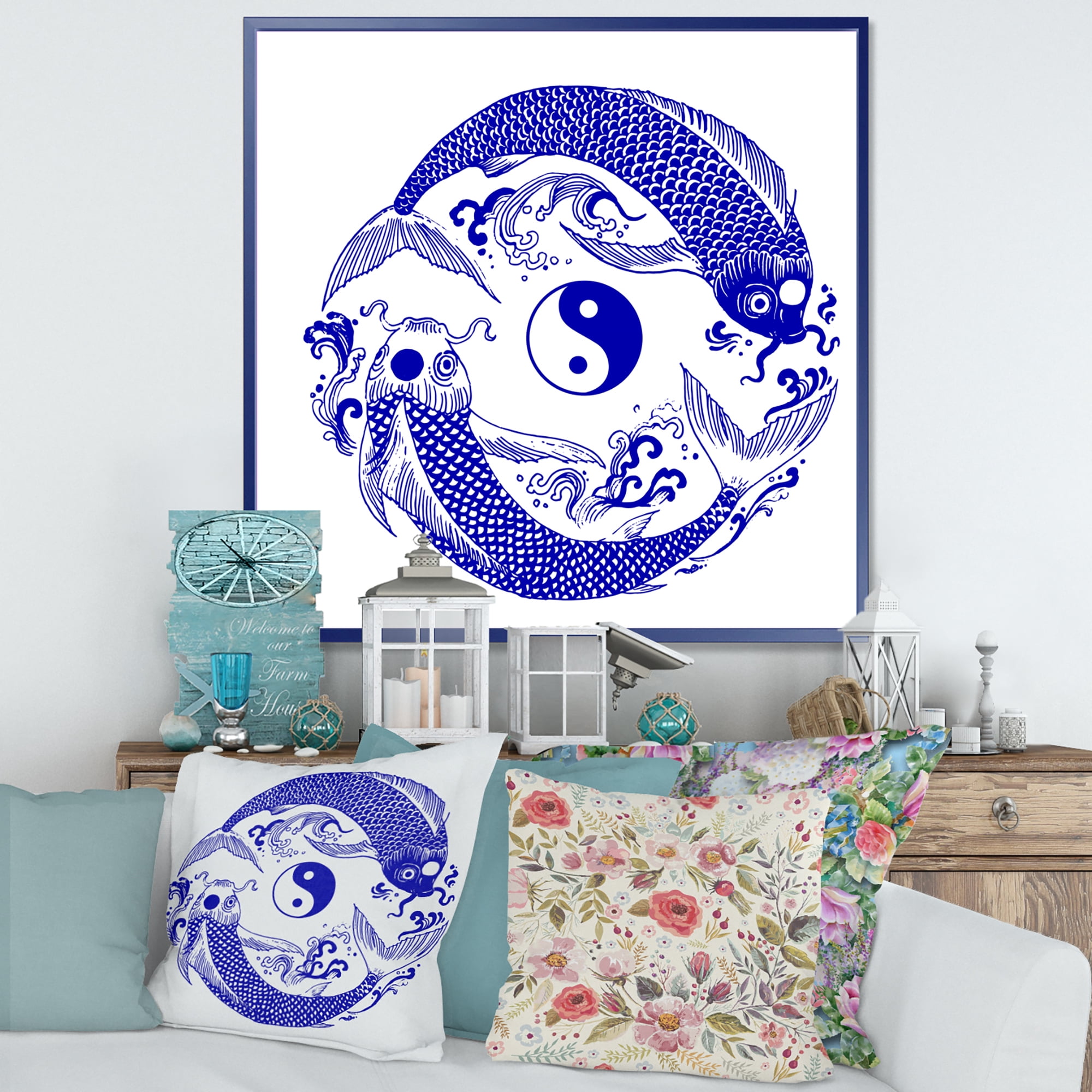 Designart 'Blue Chinoiserie Koi Fish II' Traditional Framed Canvas Wall Art Print