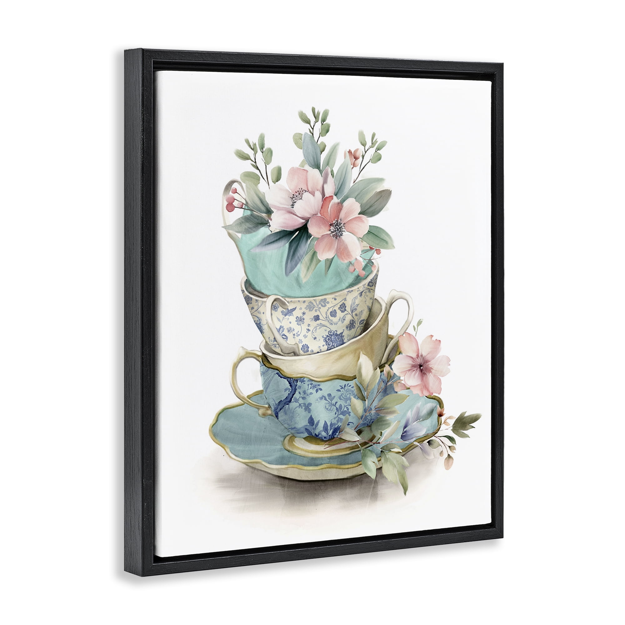 Stupell Industries Tea Cup Chinoiserie Blossoms Black Framed Floater Canvas Wall Art, design by Kim Allen