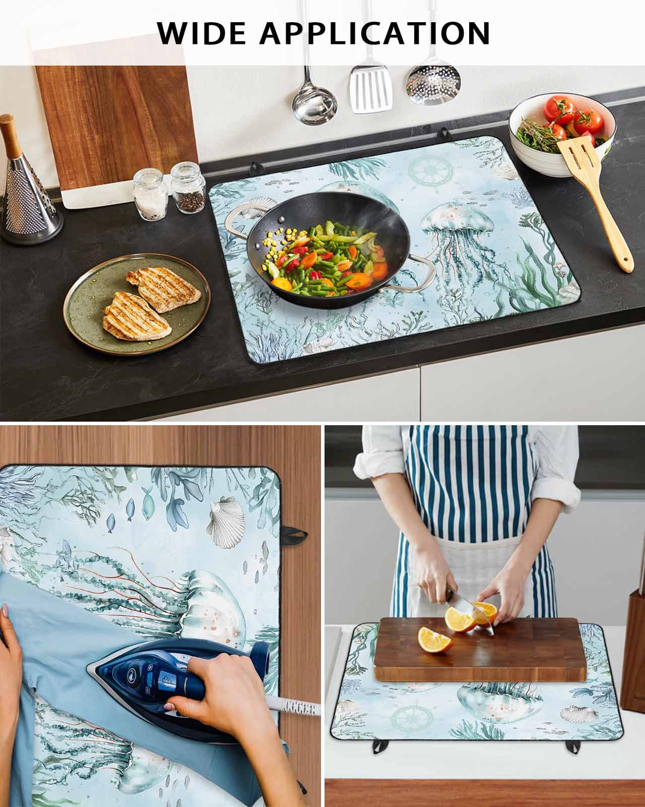 nqOlkjepod Large Induction Cooktop Protector Mat 36"x21", Aqua Jellyfish Stove Top Covers for Electric Stove, Coastal Nautical Ocean Shells Seaweed Stove Burner Cover Mats, Glass Top Stove Cover