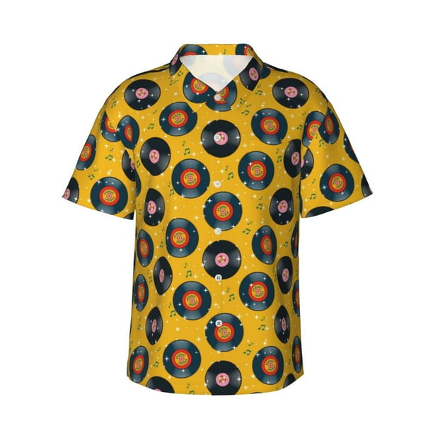 Balery Retro Vinyl Records Camisas hawaianas de manga corta para hombre, camisas playeras de corte holgado, camisas de vacaciones con botones,Large