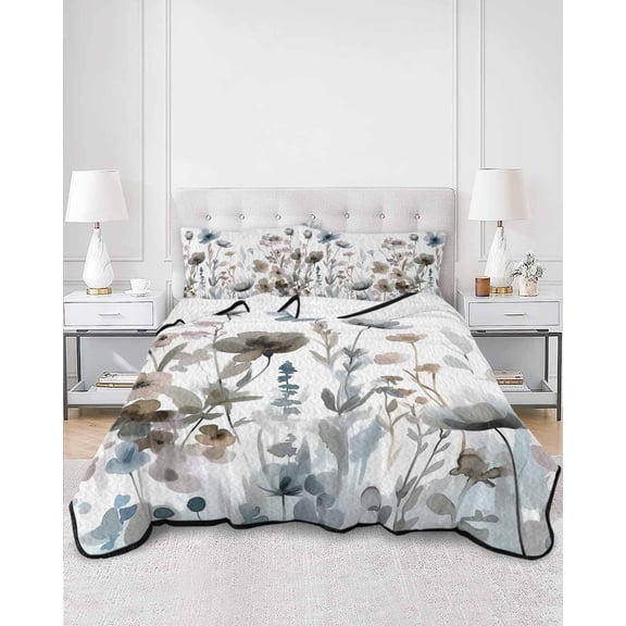 Quilts Twin Size, Blue Grey Pink Spring Floral Soft Comforter Bedding Set for Bed, Watercolor Botanical Lightweight Quilted Bedspread with Pillow Cover(2 Pieces) for All Season, 68x86 Inch