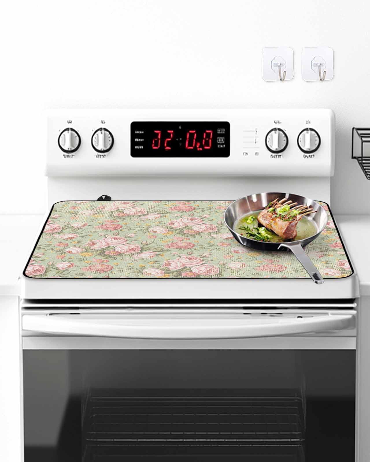 Stove Top Covers for Electric Stove, Pink Flowers Glass Stovetop Cover Protector, Green Country Botanical Floral Leaves Induction Cooktop Protector Oven Mat for Kitchen Countertop 24"x21"