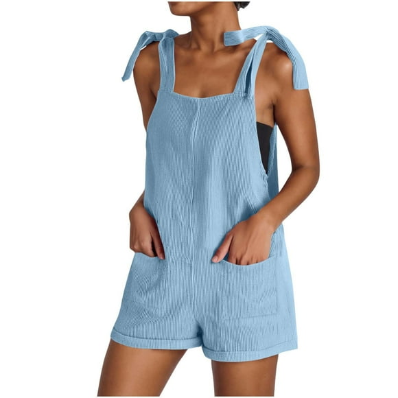 yoeyez Womens Jumpsuits And Rompers Casual,Ladies Corduroy Adjustable Straps Rompers Sleeveless Solid Color Shorts Overalls With Pockets Light Blue,L