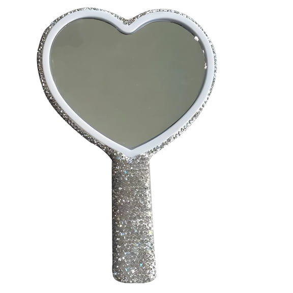 Heart Shaped Handheld Mirror, Sparkling Rhinestone, Cosmetic Hand Mirror For Women, Cute Hand Mirror, Portable Travel Mirror, 6.3 x 4.3 in / 16 x 11 cm, White