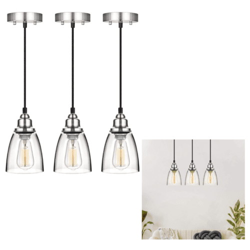 Set 3 Kitchen Pendant Light Brushed Nickel Fixture Vintage Glass