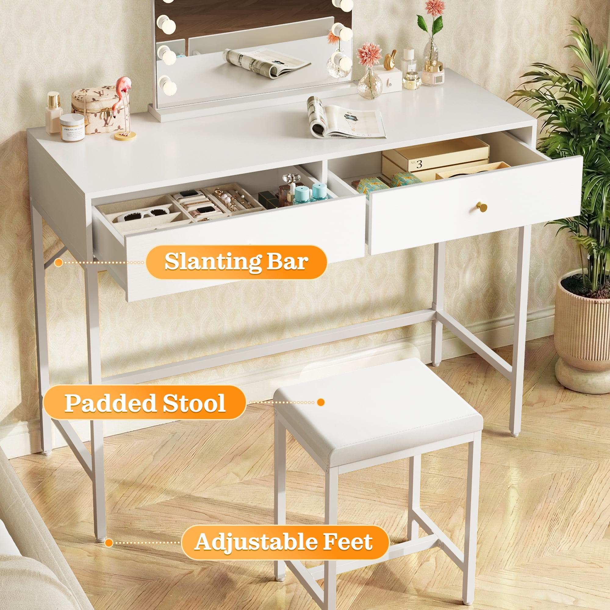 Amadwell 35.4 Inches White and Gold Desk with 2 Drawers, Vanity Desk with Padded Stool, Bedroom