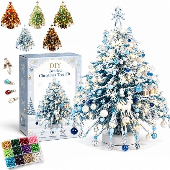 DIY Beaded Christmas Tree Kit | 3D Crystal Bead Holiday Craft (#D) | 3D Crystal Bead Tree with Angel Topper | Handmade Tabletop Decor for Mantel Shelf Desk Centerpiece and Holiday Gifting