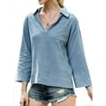 thumbnail image 3 of Women Pocket Long Sleeve Stand Collar V Neck Solid Color Shirt, 3 of 7
