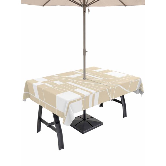 Outdoor Tablecloth with Umbrella Hole for Patio/Picnic/Party/Camping, Beige Geometric Waterproof Table Cloth Rectangle Table Cover Washable, Modern Abstract Art Stripes (52"x 70")