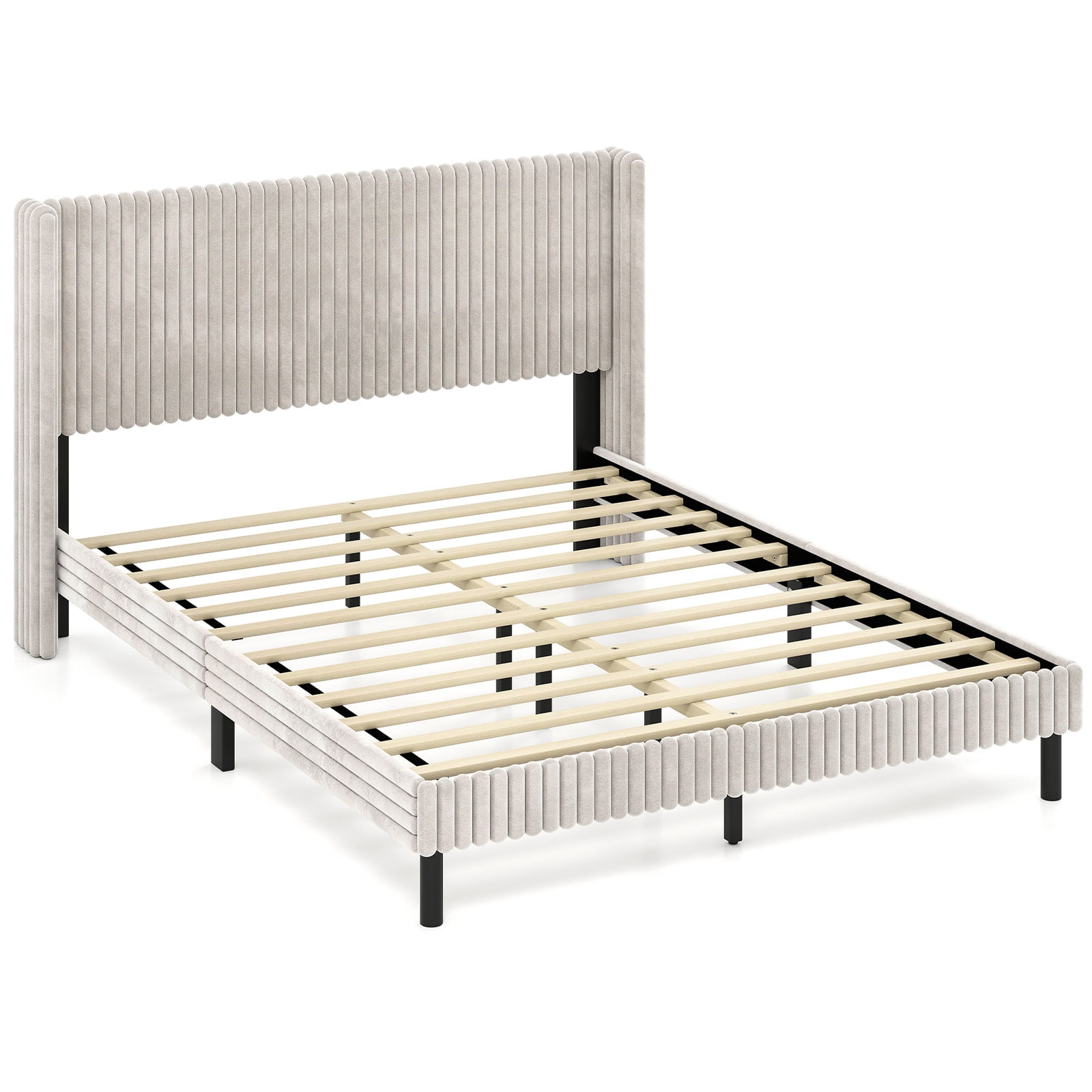 Costway Queen Size Velvet Bed Frame Upholstered Platform Bed with Wingback Headboard