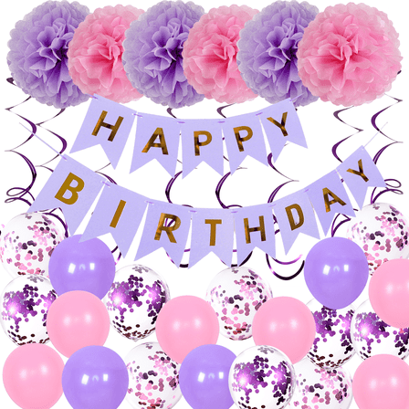 Purple Birthday Decorations,Happy Birthday Banner with Honeycomb Balls,Confetti Balloons Swirls  for Girls Women Princess Party Decoration