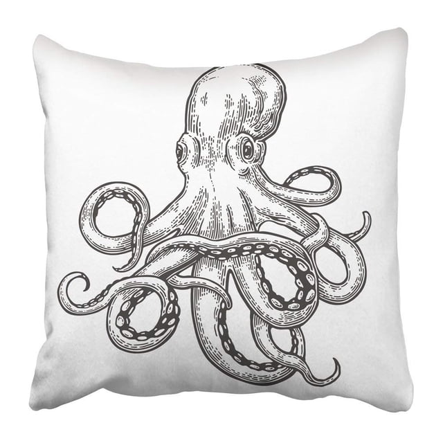ABPHQTO Marisco Pulpo Negro Grabado Ilustraciones Vintage Boceto Blanco Retro Animal Tatuaje Calamar Mar Funda de Almohada 45x45 cm