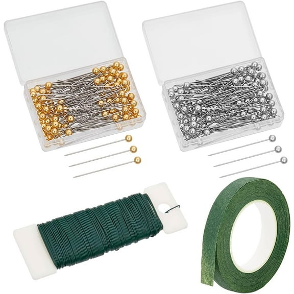 Floral Arrangement Kit 1/2In-88FT Floral Tape and 20G-98FT Floral Wire and 200Pcs Ball Head Pin for Bouquet Boutonniere Stem Wrapping Garden Art Craft Wedding DIY Green