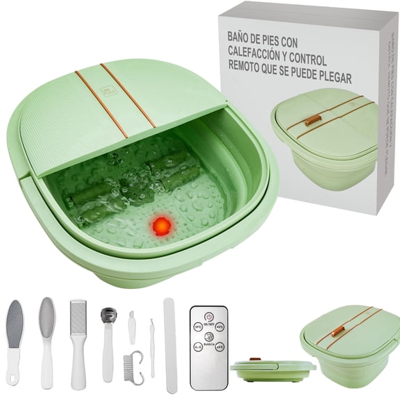 UNIFULL Foot Spa Bath with Heat and Temperature Control, Massager Roller, Bubble, Remote Control, Pedicure Kit, Red Light, Large Heating Foot Bath-Green