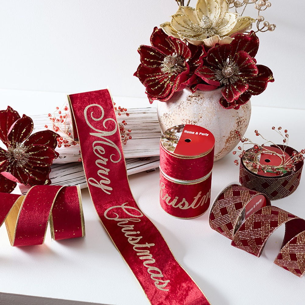 Home Decor 10Yards Merry Christmas Red Flannel Gold Stamped Bow Ribbon 9.1M Ribbon A