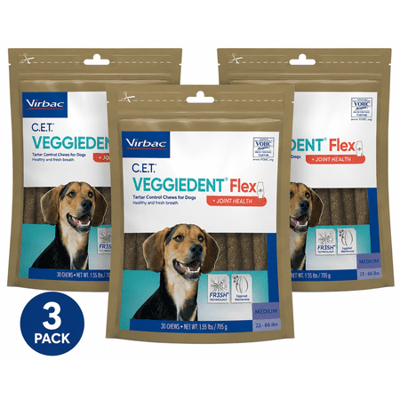 Virbac C.E.T. VeggieDent Flex + Joint Health for Medium Dogs 22-66 lbs, 90 chews (3 Pack)