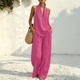 thumbnail image 6 of Evdexr Linen Sets for Women 2 Piece Sleeveless V Neck Tops Wide Leg Pants Outfit Set Boho Casual Vacation Beach Lounge Suits with Pockets Hot Pink M, 6 of 9