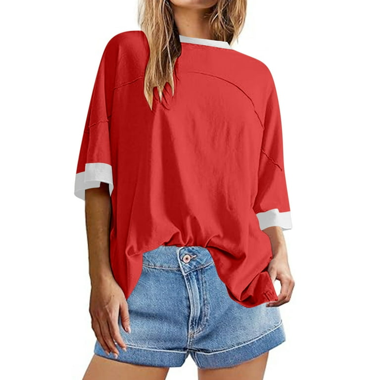Women's Oversized Color Block T-Shirt - Loose Drop Shoulder Summer Tee Top