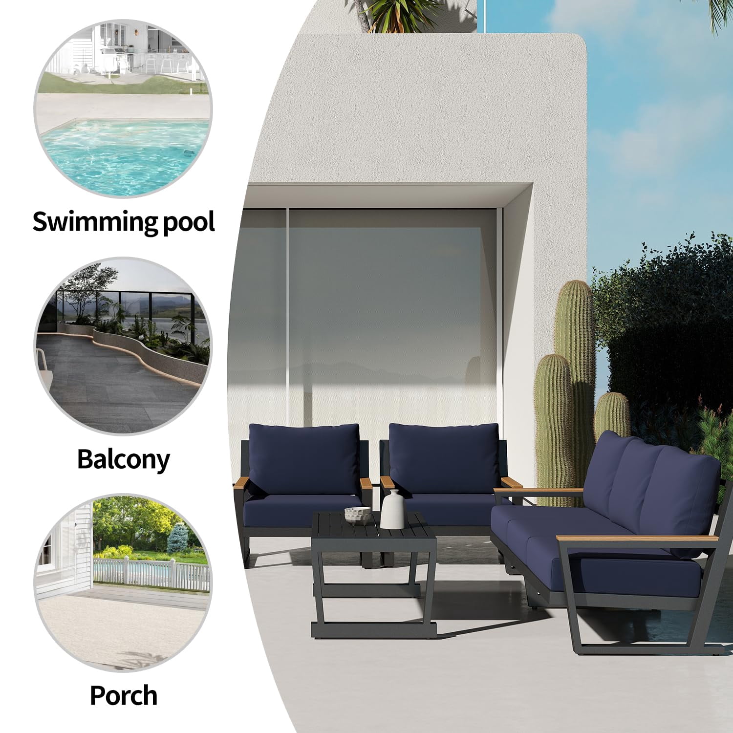 Aluminum Outdoor Sofa,5 Seats Modern Patio Furniture Set,Sectional Sofa Conversation Set with Coffee Table, Upgraded Washable Cushions for Garden Backyard,Grey