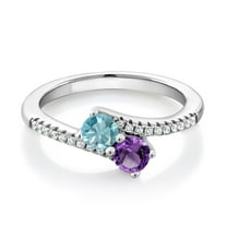 Gem Stone King 925 Sterling Silver Blue Zircon and Purple Amethyst Bypass Ring for Women (0.99 Cttw, Gemstone December Birthstone, Round 4MM, Available in Size 5, 6, 7, 8, 9)