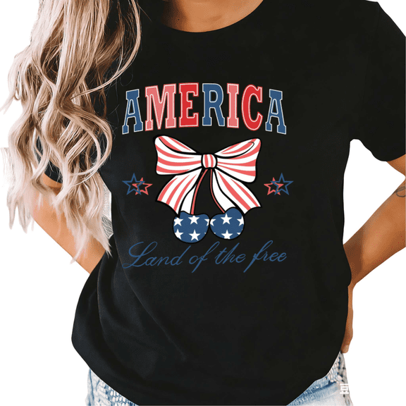 UNISHE Women's America Land of the Free Bow Cherry Graphic Short Sleeve T-Shirt Black S-5XL Fashion Oversized Top