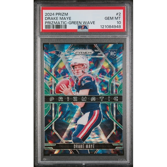Graded 2024 Panini Prizm Drake Maye #2 Prizmatic Green Wave Rookie RC Football Card PSA 10 Gem Mint
