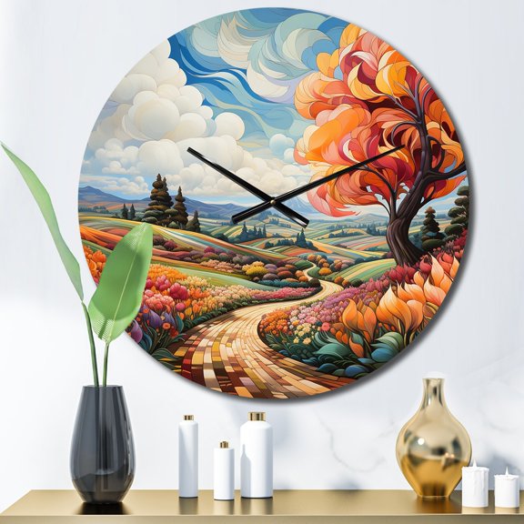 Designart "Netherlands Tulip Tapestry Rows Orange and Blue" Landscapes Oversized Wall Clock