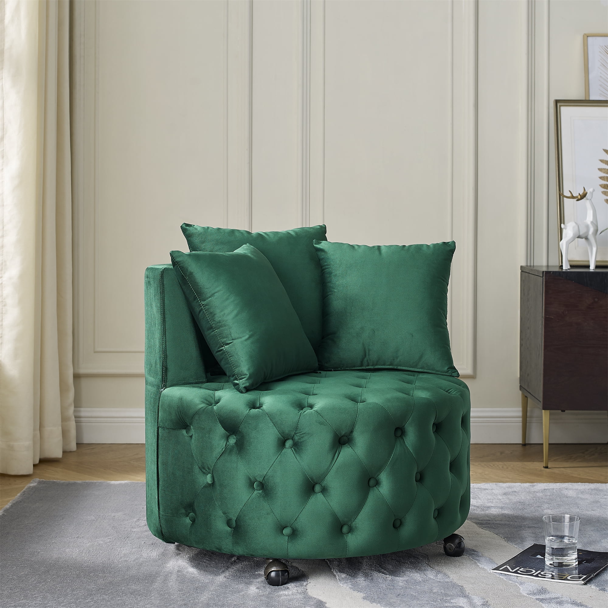 Gewnee Swivel Chair,Green Velvet Modern Glam Accent Chair with Tufted Design & 3 Pillows Included, 250LBS Capacity for Home Office Living Room Bedroom