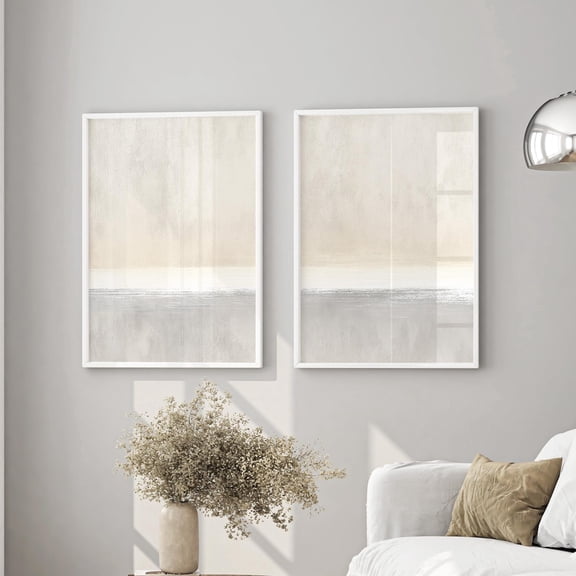 Set Of 2 Abstract Cream And Grey Wall Art Prints, Neutral Minimalist, Living Room And Bedroom Decor