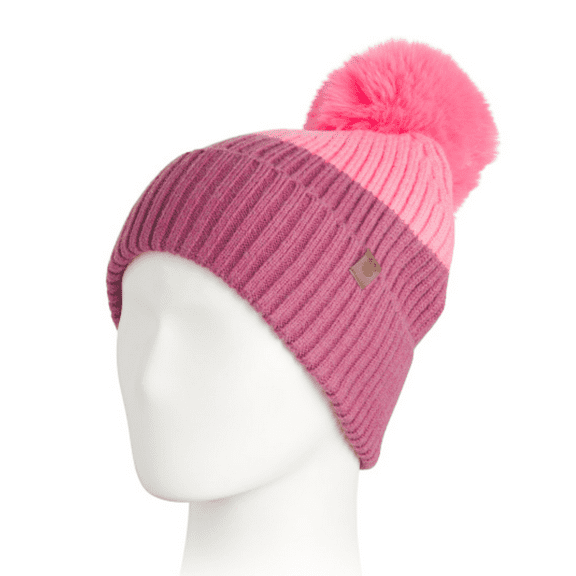 Lucky Brand Women's Color Block Ribbed Knit Knit Beanie Pom Cuffed Winter Hat (Pink)