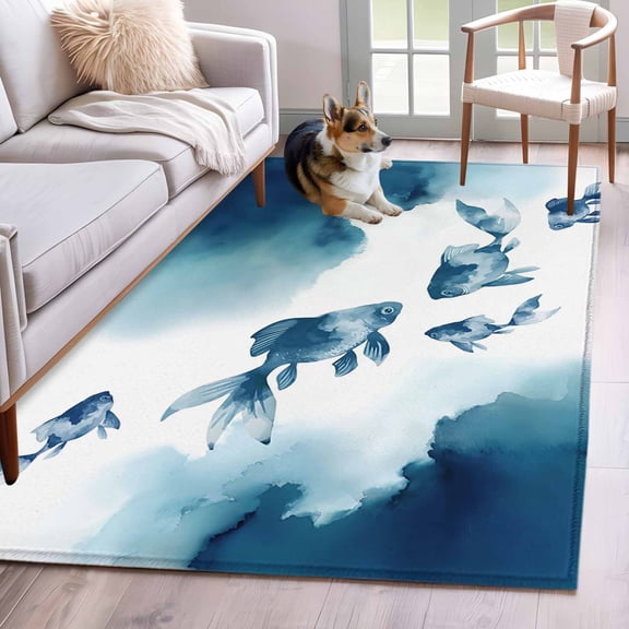 Area Rugs for Living Room Bedroom, Navy Blue Fish 4'x6' Rug Washable Carpet Runner Indoor Outdoor, Nautical Coastal Summer Ocean Modern Art Non Slip Accent Floor Mats Rug for Kitchen, Office