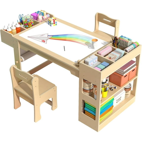 Kids Art Table and Chair Set, Kids Craft Table with Storage, Toddler Activity Play Desk with 2 Chairs, Wood Art Craft Play Desk with Paper Roll for Writing, Drawing, Learning and Reading