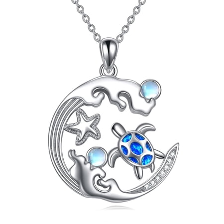 YAFEINI Whale Sea Turtle Necklace for Women Sterling Silver Ocean Animal Beach Jewelry Gifts with Moonstone Blue Opal