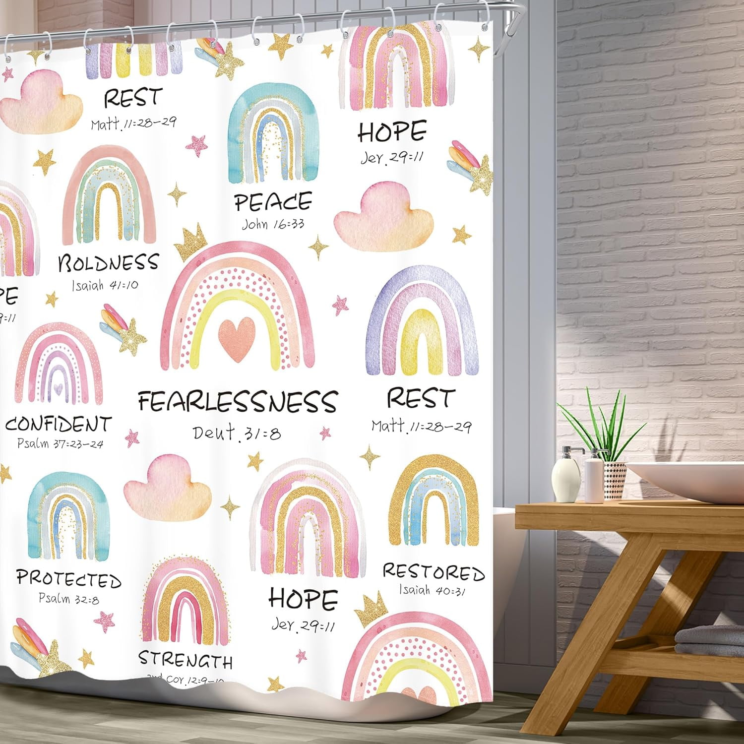 Kids Girl Rainbow Shower Curtain Bible Verse Scripture Boho Inspirational Quote Christian Cute Cartoon Colorful Muted Cloud Bathroom Set 72Wx72L Inch Bath Curtain Bathtub Accessories Home Decor