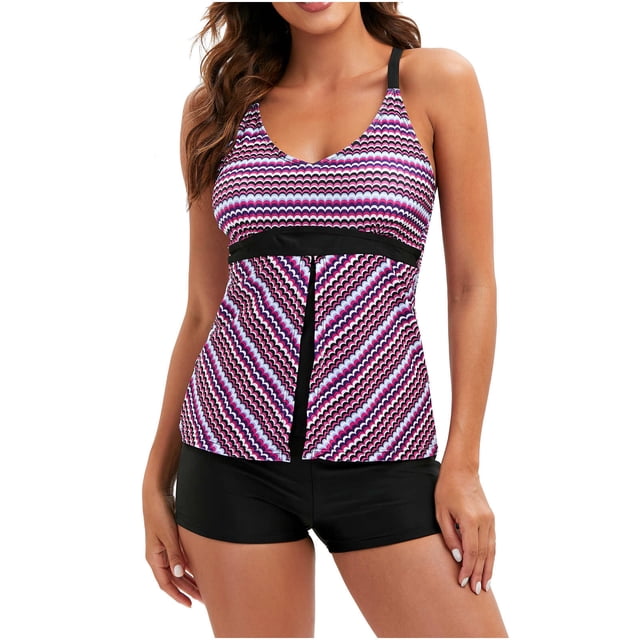 Birdeem Ladies Fashion Multicolor Gradient Color Minimalistic Waves Stripe Boxer Pants Sling Womens Split Swimsuit