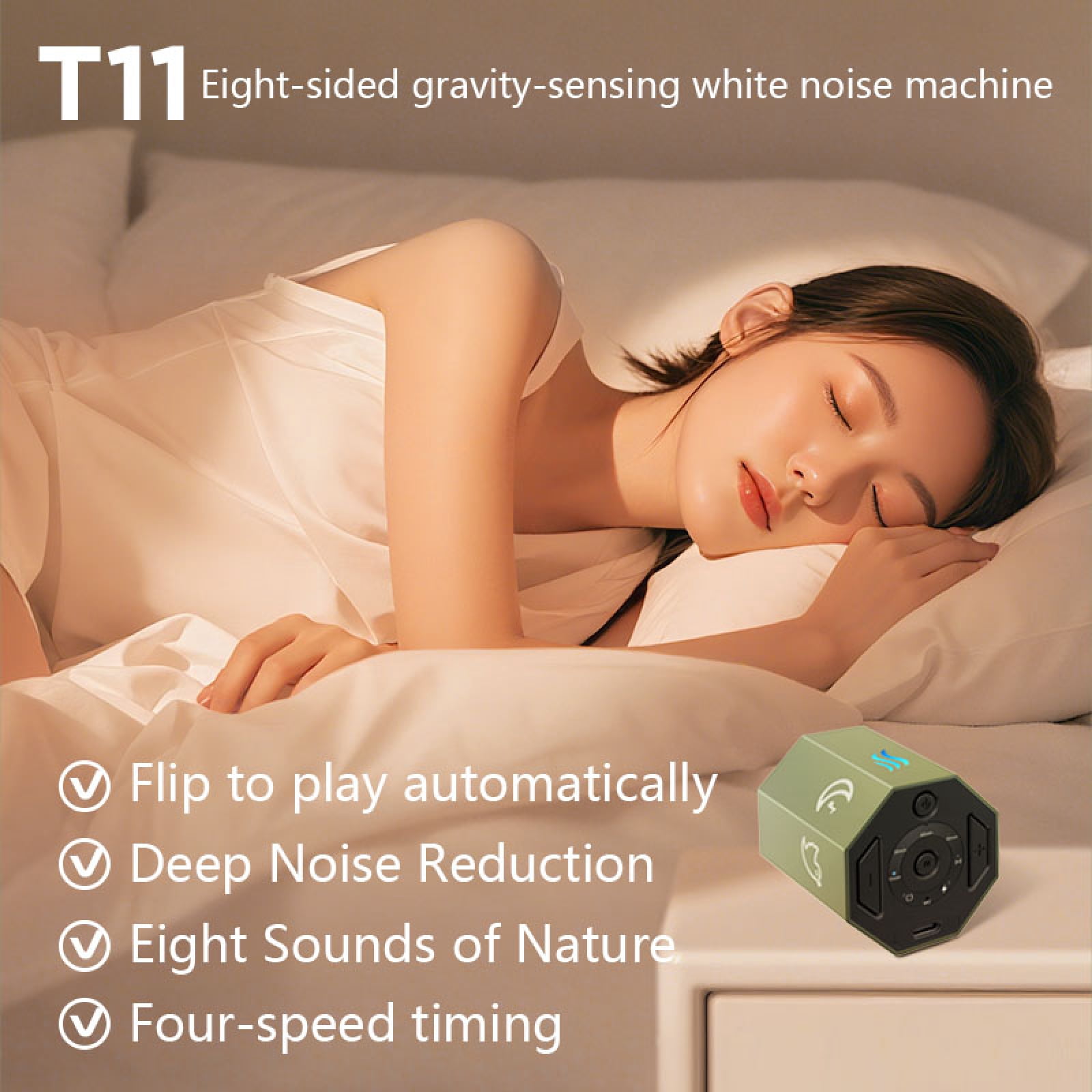 Meponn Rechargeable 30+ Soothing Sounds Bedroom Sleep White Noise Sound Machine with 8-Sided Gravity Sensor, 15-90Min Timer for Babies