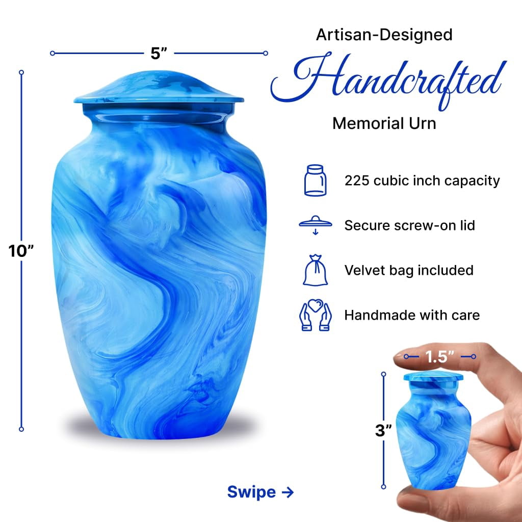 Set of 6 Urns for Human Ashes Includes 1 Large Urn with 4 Small Keepsakes & 1 Silver Necklace - Sky blue Marble