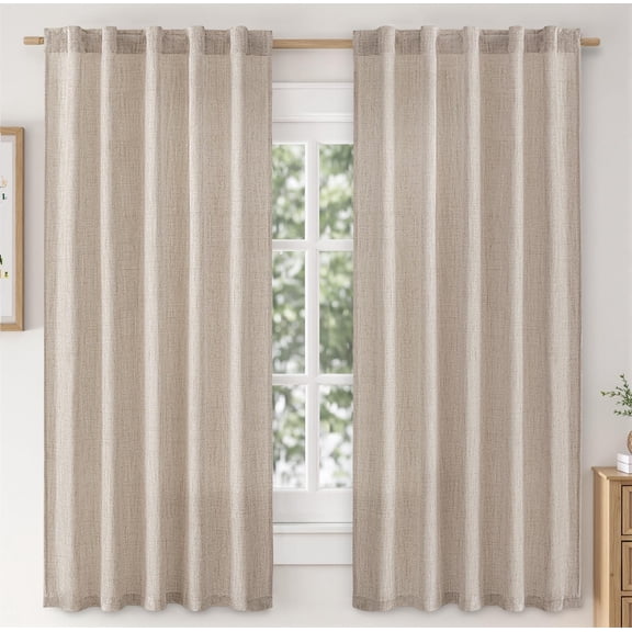 Faux Linen Curtains 63 Inch Length 2 Panels Natural Semi Sheer Curtain with Back Tab Rod Pocket, Light Filtering Window Privacy Burlap Drapes for Living Room Bedroom 42W x 63L Linen
