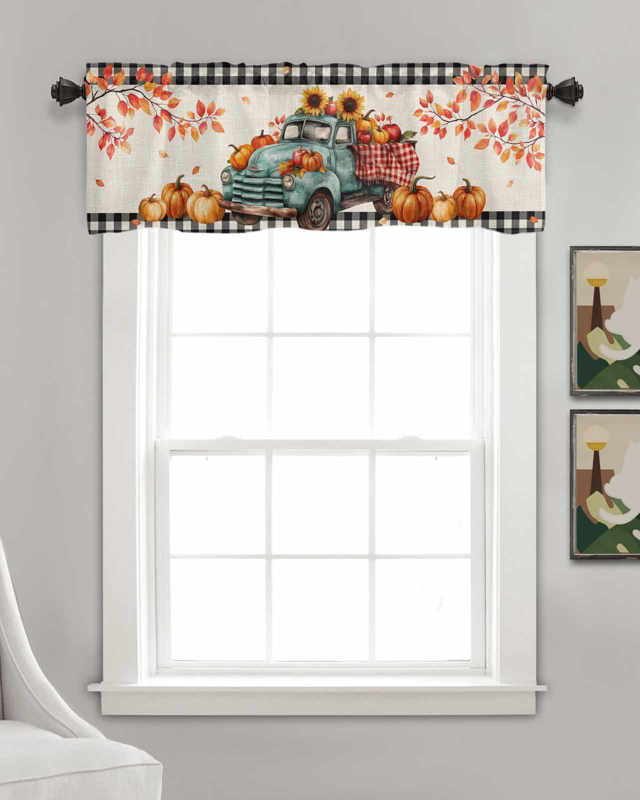 Thanksgiving Pumpkins Kitchen Valances for Windows Farmhouse Linen Window Valance Curtain for Living Room Window Treatment Fall Sunflowers Truck Branch Retro Valance Rod Pocket Topper, 42 x 18 Inch
