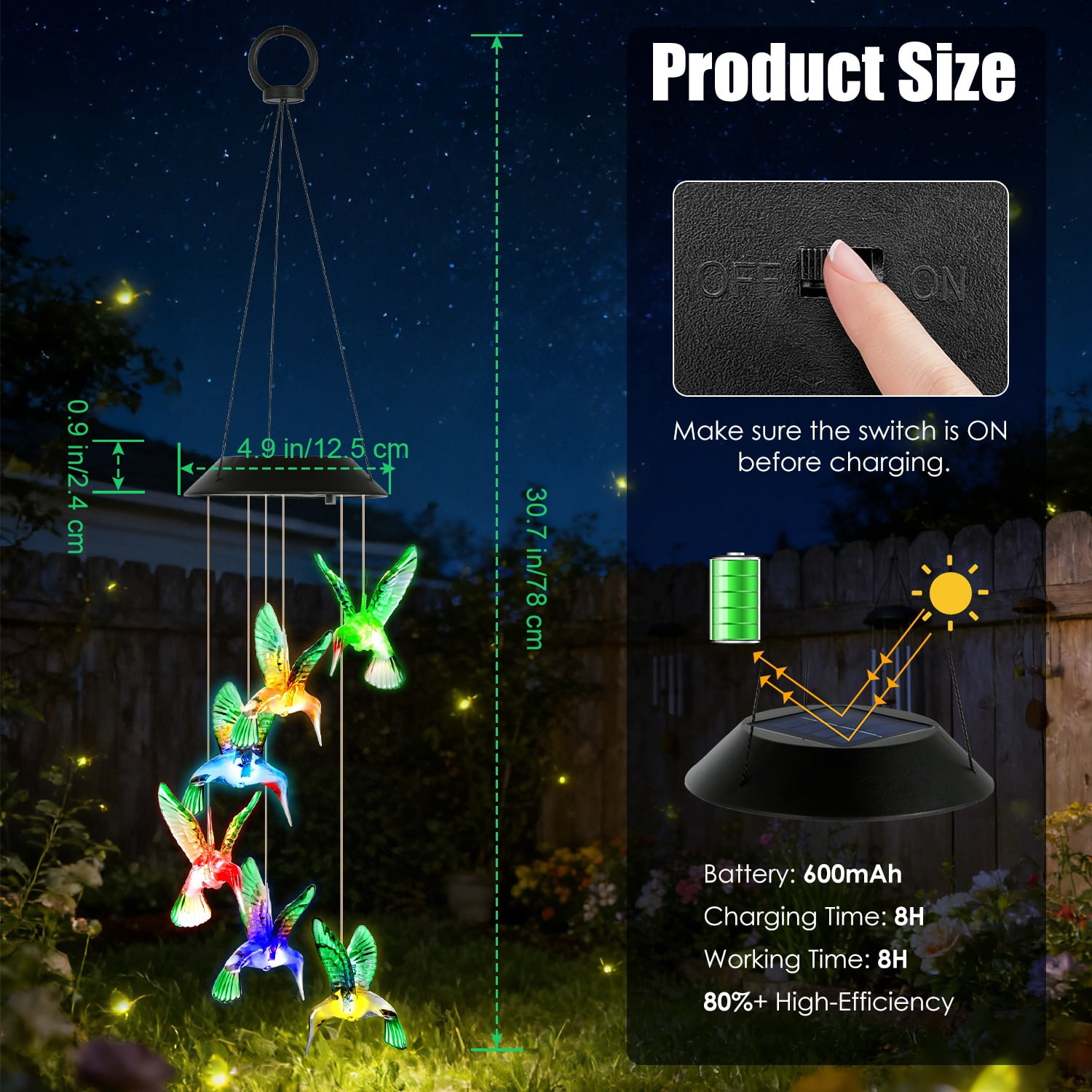 2PCS Hummingbird Solar Wind Chimes with Color Changing LED Lights, Waterproof Solar Powered Wind Chime for Outdoor Garden Patio Balcony Porch Home Decor, Ideal Gift for Mom Women Christmas