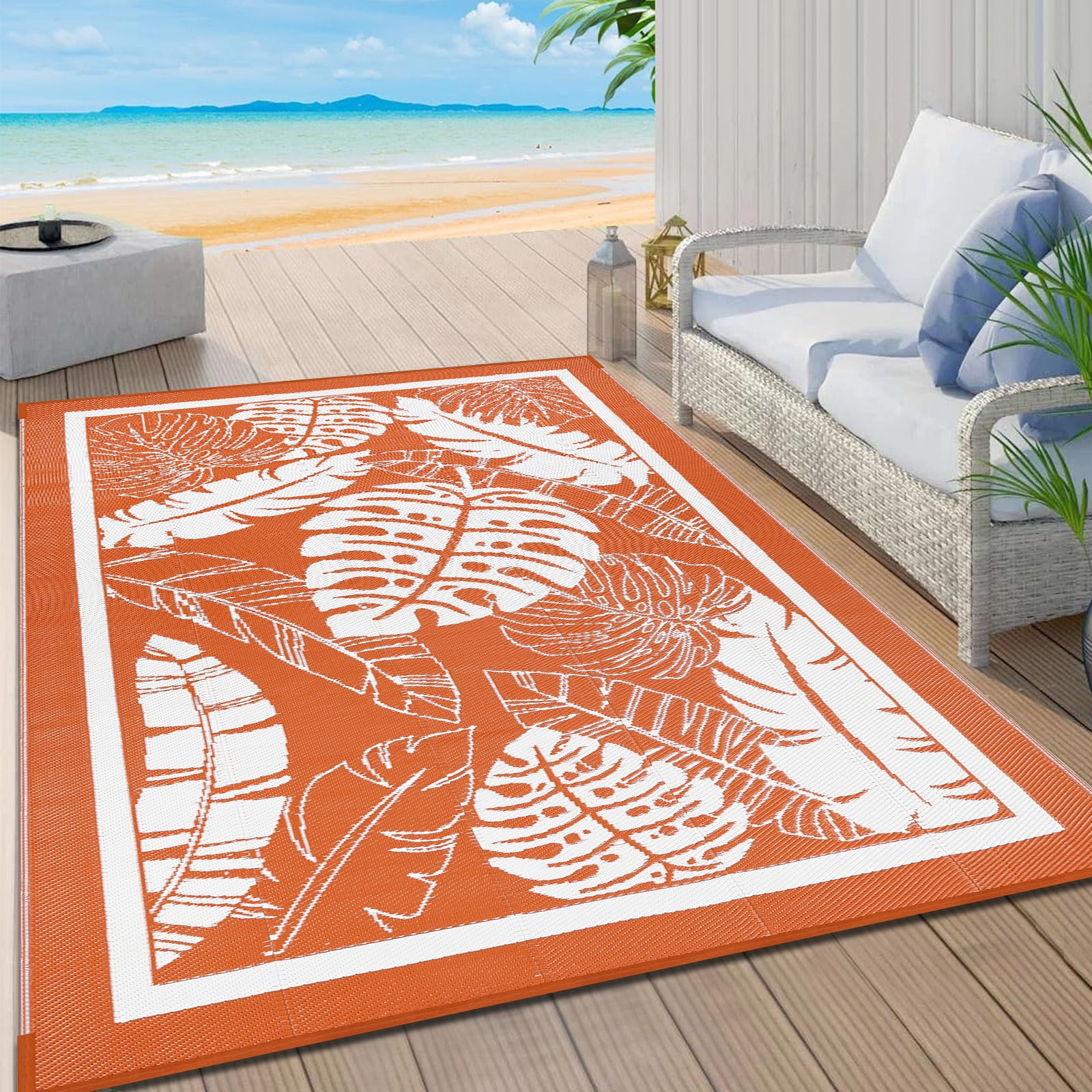 Findosom 6'x9' Outdoor Rug Patios Rug Waterproof RV Outdoor Rug Camping Rugs Reversible Plastic Straw Rug Large Outdoor Mat Outdoor Area Rug for Camping,Balcony Apartment,Patio,Picnic,Beach Orange