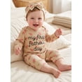 thumbnail image 4 of BemeyourBBs Newborn Baby Girl My First Fathers Day Outfit Baby Girl Summer Clothes Ribbed Romper Letter Embroidery Rose Print Short Sleeve Jumpsuit and Bow Headband 2Pcs Set, 4 of 8