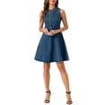 thumbnail image 2 of INSPIRE CHIC Women's Denim Sleeveless V Neck Belted Fit And Flare Shirt Dress, 2 of 5