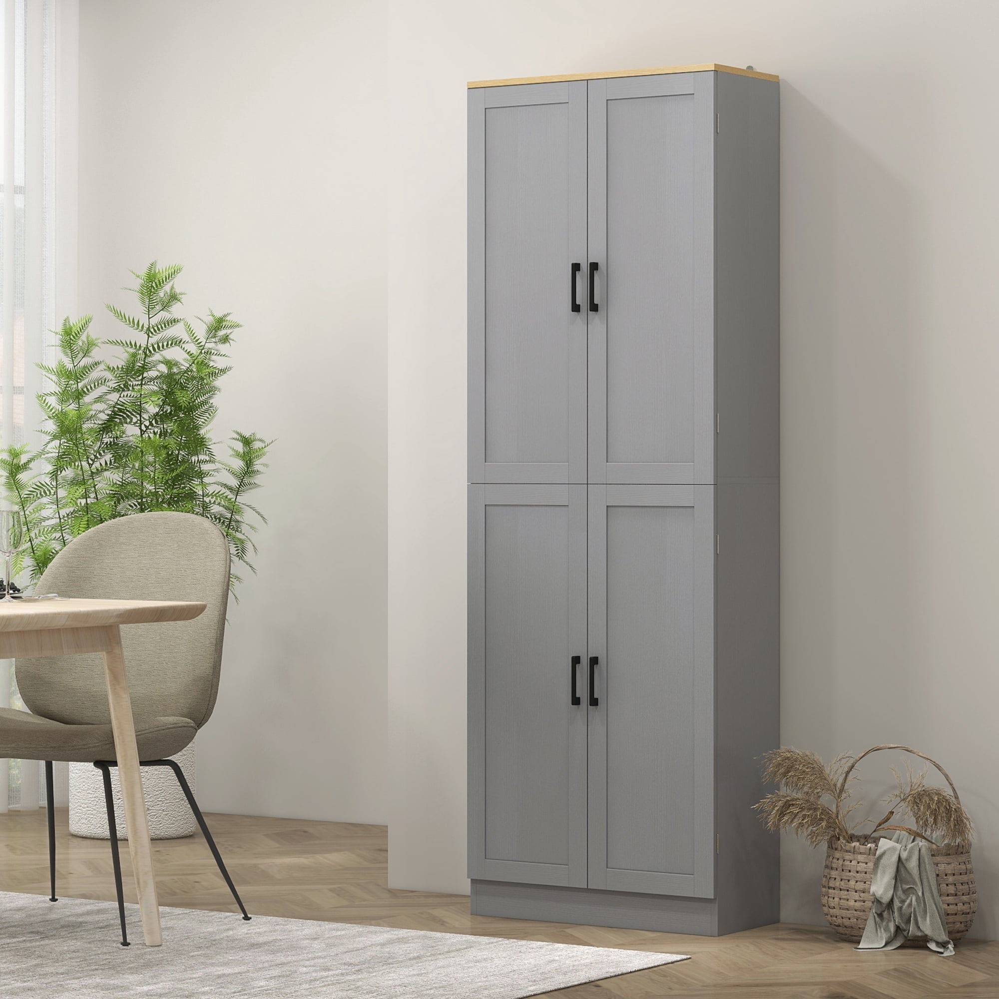 HOMCOM 67" Freestanding Kitchen Pantry, 4-Door Storage Cabinet Organizer with Adjustable Shelves and Doors, Distressed Gray
