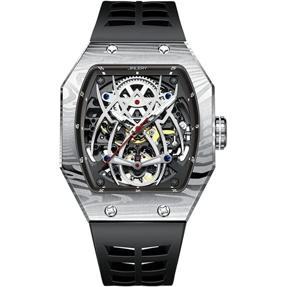 JINLERY Skeleton Automatic Mechanical Men Tourbillon Tonneau Wrist Watch Steel Silicone Sapphire Crystal Waterproof Richard Spider Hollow Clock Luminous