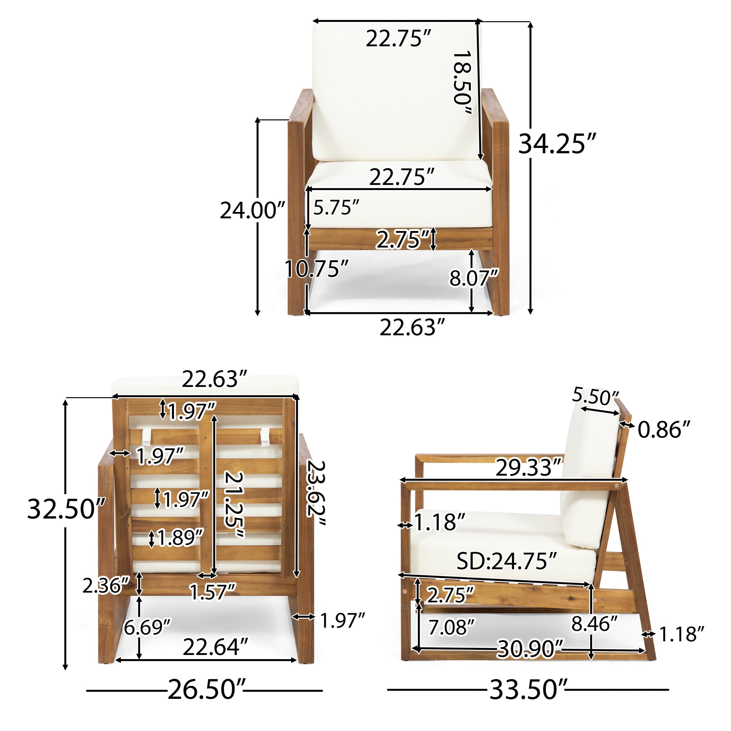 Eclipse Acacia Wood Outdoor Club Chair with Cushion, Teak and Beige
