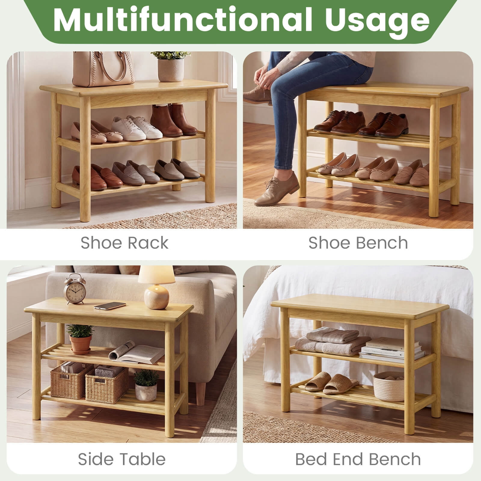 Costway Shoe Rack Bench,3-Tier Rubberwood Freestanding Shoe Changing Bench with Slat Shelve