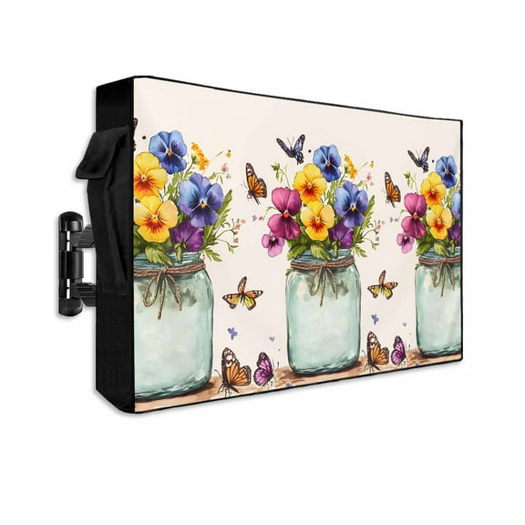 Butterfly Flower Outdoor TV Cover 60 to 65 Inch Weatherproof, Retro Purple Blue Yellow Bottle Floral 600D Oxford TV Covers with Waterproof Zipper, Outside Flat TV Screen Protector 58"Wx37"Hx4.5"D