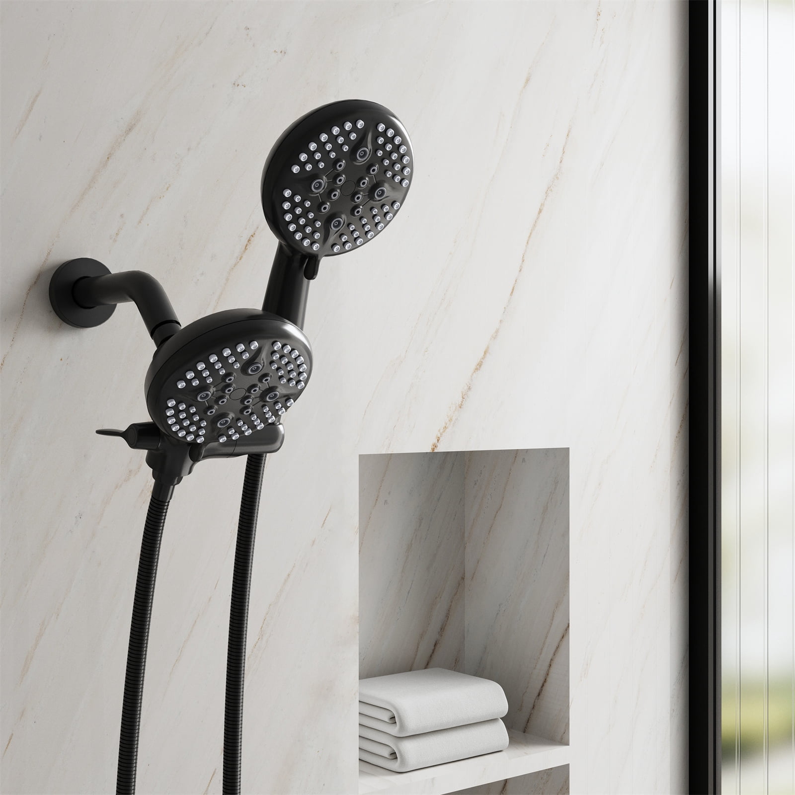 ANGELES HOME Bathtub Shower Faucet Set with Tub Spout, 3-in-1 Dual Shower Head System with Handheld Spray Combo, 5-Mode, Valve Trim Kit, Matte Black
