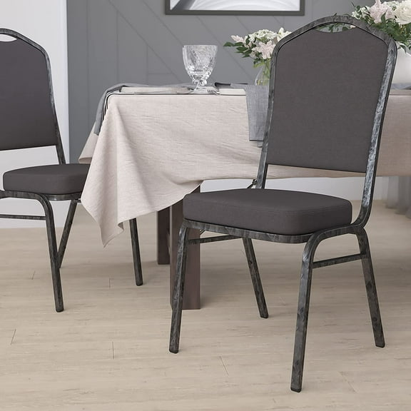 Crown Back Stacking Banquet Chair, Gray Fabric/Silver Vein Frame